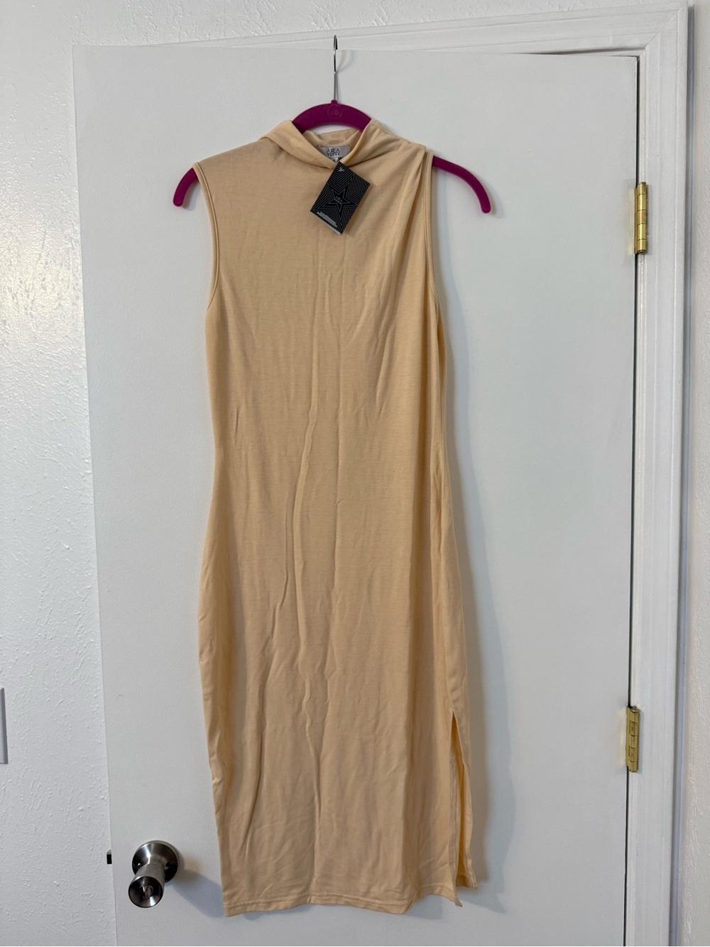 AREA Sleeveless Mock Neck Midi Dress in Beige-Tan
